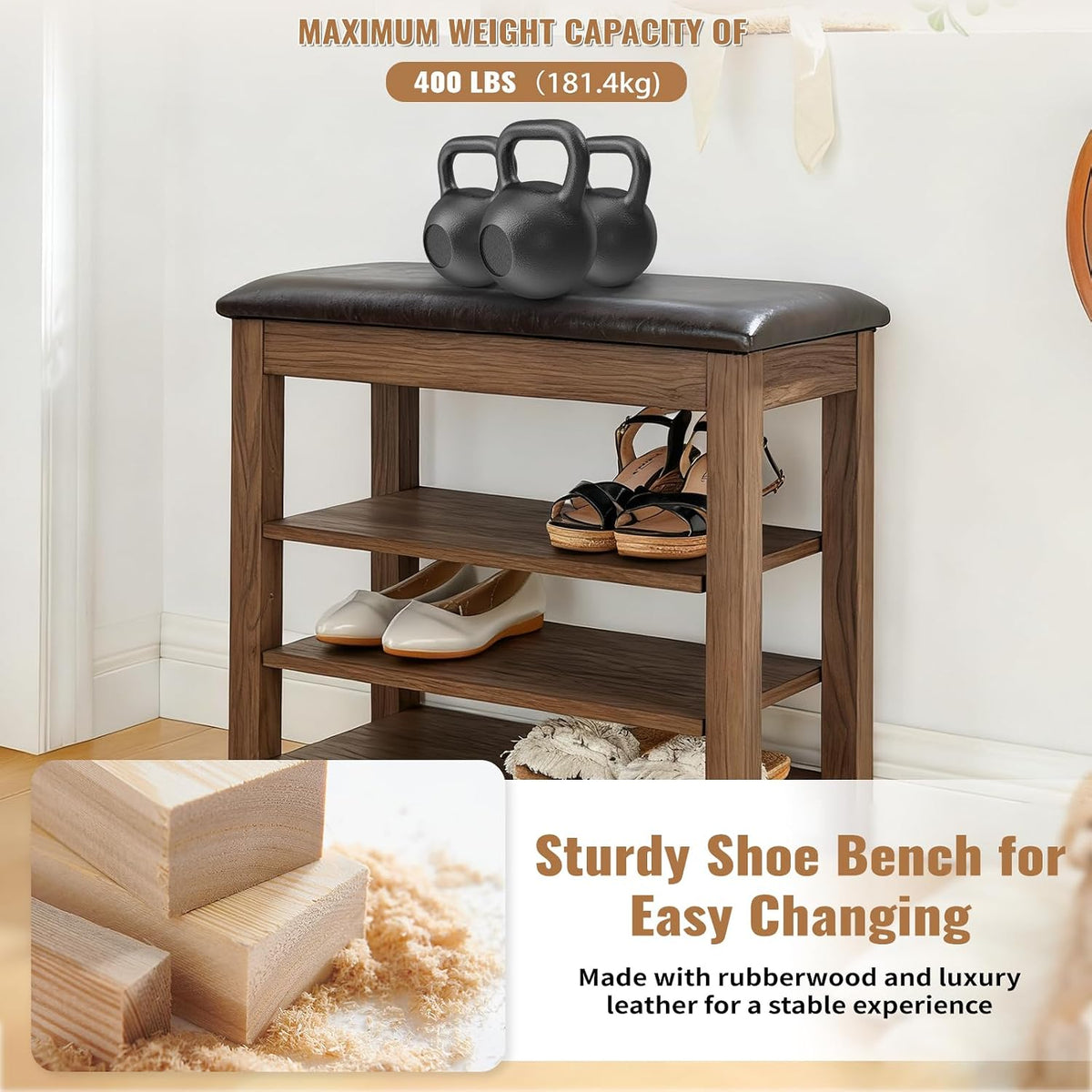 24" Short Entryway Shoe Storage Bench with Cushion, Height Adjustable 3-Tier Rubberwood Shoe Rack with Hidden Compartment, Brown Wood Shoe Organizer for Small Spaces