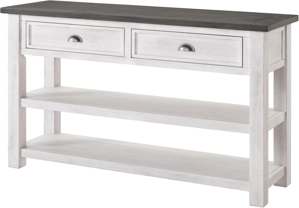 Martin Svensson Home Monterey Solid Wood Sofa Console Table, White & Grey | Farmhouse Style, Pine Wood, Two Drawers, Two Open Shelves for Storage