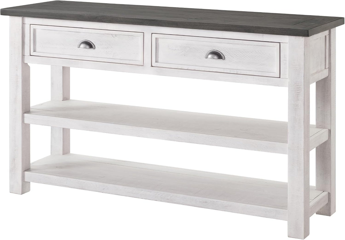 Martin Svensson Home Monterey Solid Wood Sofa Console Table, White & Grey | Farmhouse Style, Pine Wood, Two Drawers, Two Open Shelves for Storage