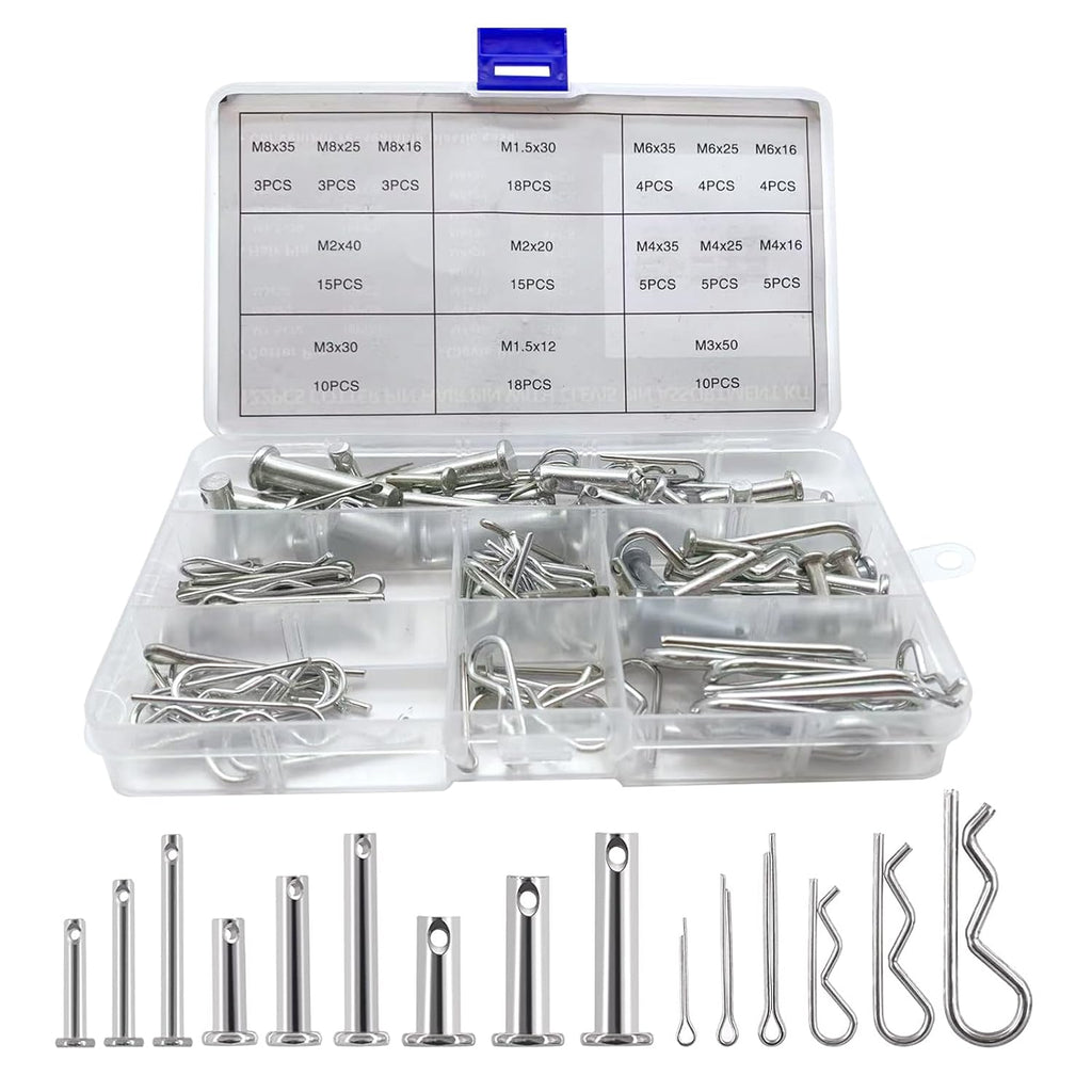 Boatsea 122Pcs Cotter Pin Hair Pin Clevis Pin Assortment Kit,R Clips Retaining Hair Pins Assortment, Including Single Hole Clevis Pin&Split Cotter Pin&R Clip Hitch Pin for Trailer Latch, Zinc-Plated