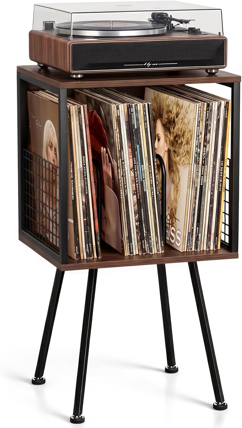 Faesun Record Player Stand with Storage Holds 100+ Vinyl Records, Industrial Turntable Stand with Storage Shelf, LP Album Organizer Cabinet for Small Spaces, Walnut End Table
