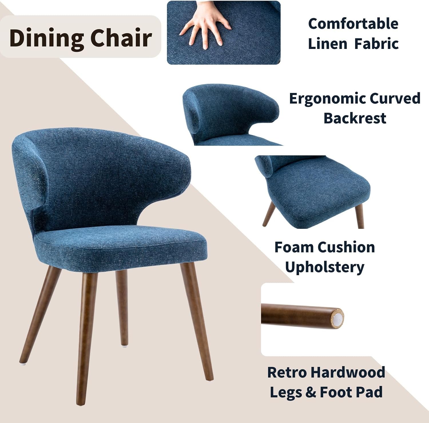 HNY Mid Century Modern Dining Chairs Set of 4, Upholstered Curved Wingback Accent Arm Chairs, Linen Side Chairs with Solid Wood Legs, Navy Blue
