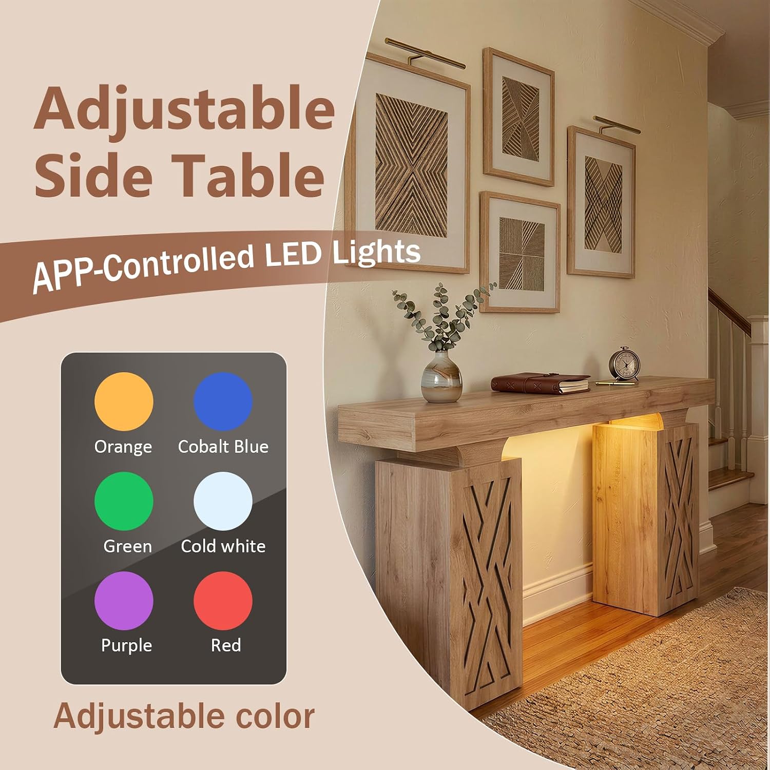 63-Inch Modern Console Table with LED & Outlet, Farmhouse Entryway Table with Geometric Base, Solid Wood-Grain Sofa Table Behind Couch, Narrow Accent Table for Hallway, Brown Oak