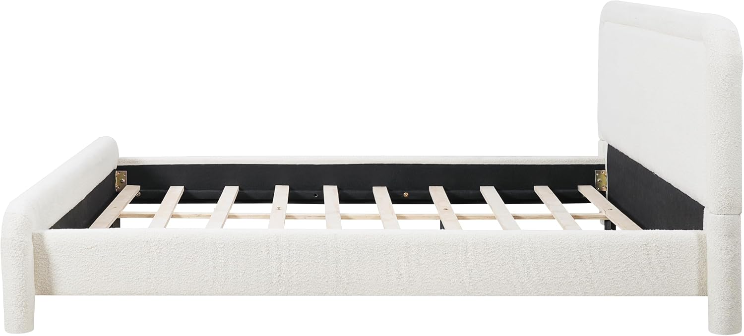 Merax Queen Size Upholstered Bed Frame with Upgraded Curved Boucle Fabric Headboard,Wooden Slats Support for Bedroom,Modern Design Easy Assembly