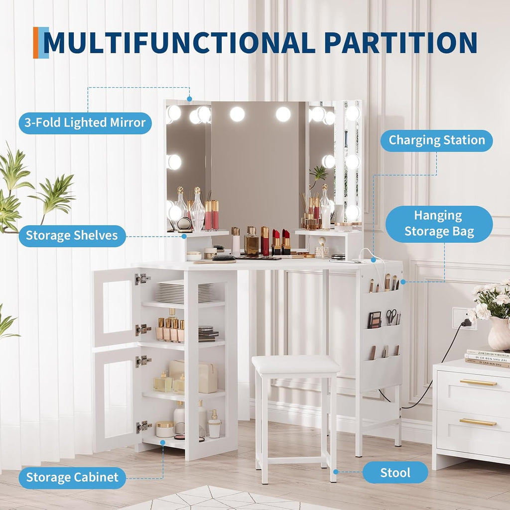 Garvee Corner Vanity Desk and Stool, Corner Makeup Vanity Set with Light | with 3 Modes Lights, Power Outlet, 2 Cabinets & 1 Cloth Storage Bag