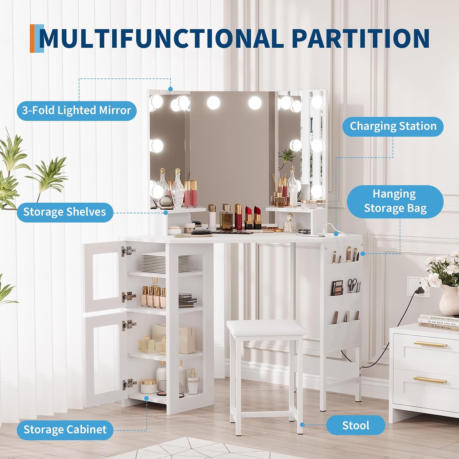 Garvee Corner Vanity Desk and Stool, Corner Makeup Vanity Set with Light | with 3 Modes Lights, Power Outlet, 2 Cabinets & 1 Cloth Storage Bag