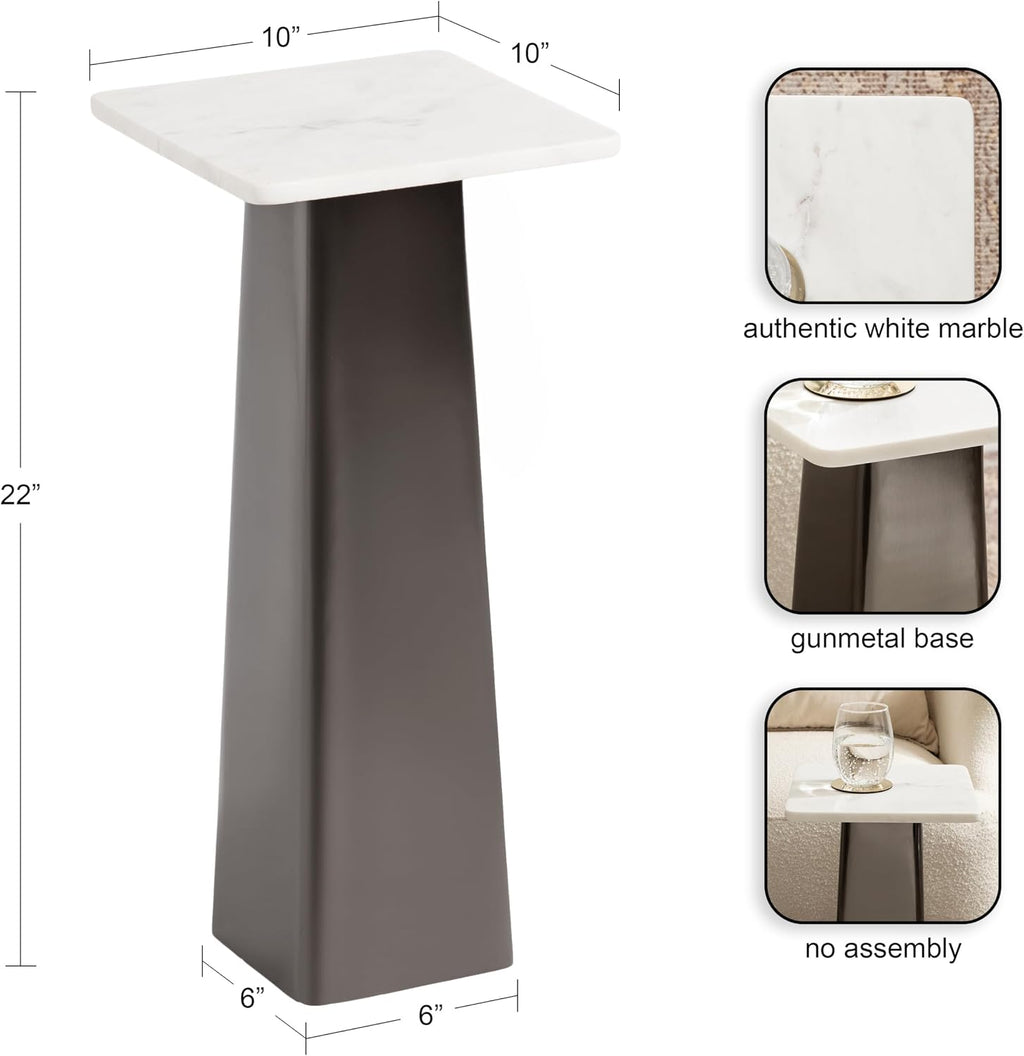 Kate and Laurel Quinley Modern Square Marble Drink Table, 10 x 10 x 22, White Marble and Gray Gunmetal, Contemporary Marble Pedestal Table for Use as Living Room Plant Stand or Bedroom Mini Table