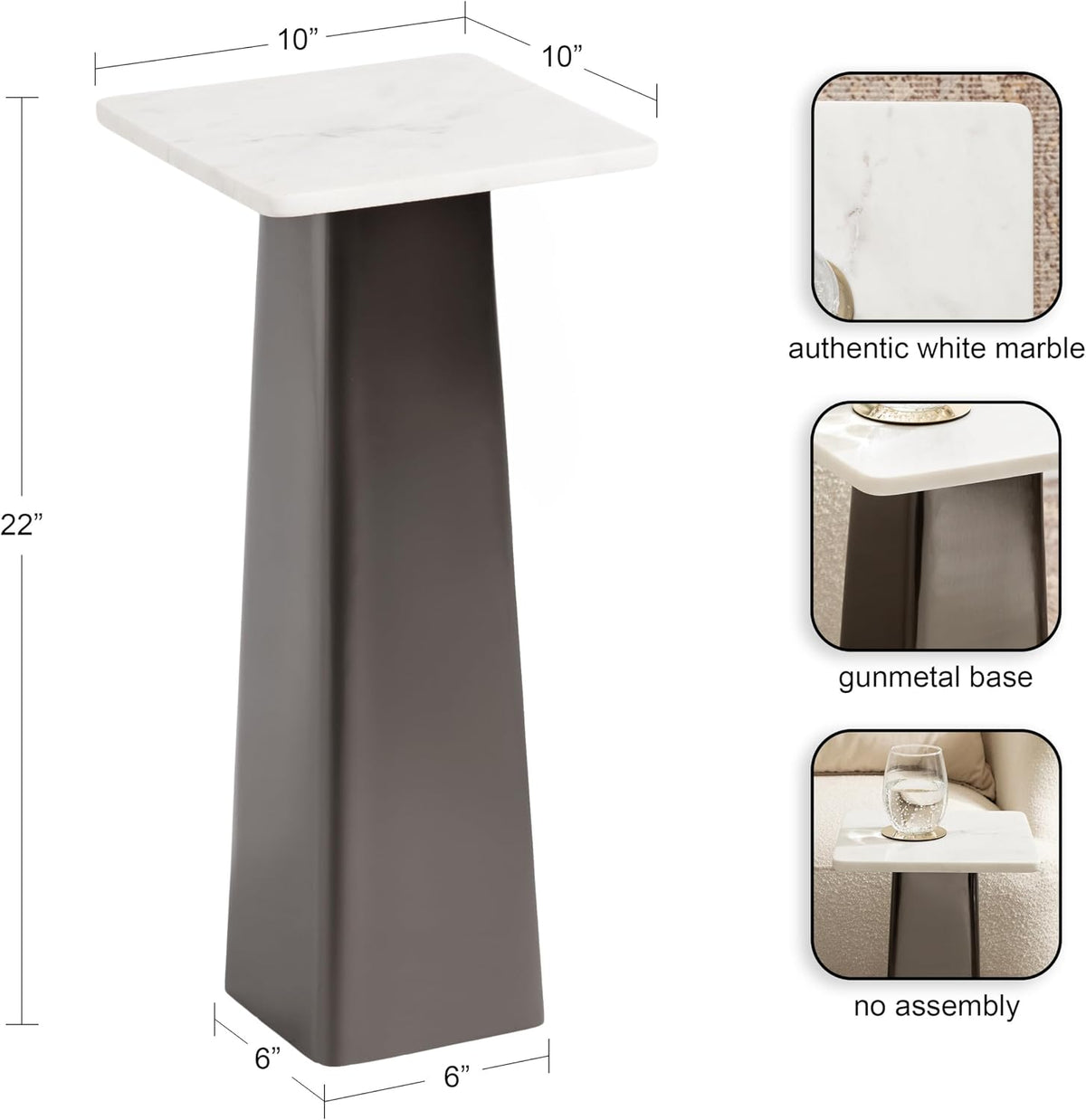 Kate and Laurel Quinley Modern Square Marble Drink Table, 10 x 10 x 22, White Marble and Gray Gunmetal, Contemporary Marble Pedestal Table for Use as Living Room Plant Stand or Bedroom Mini Table