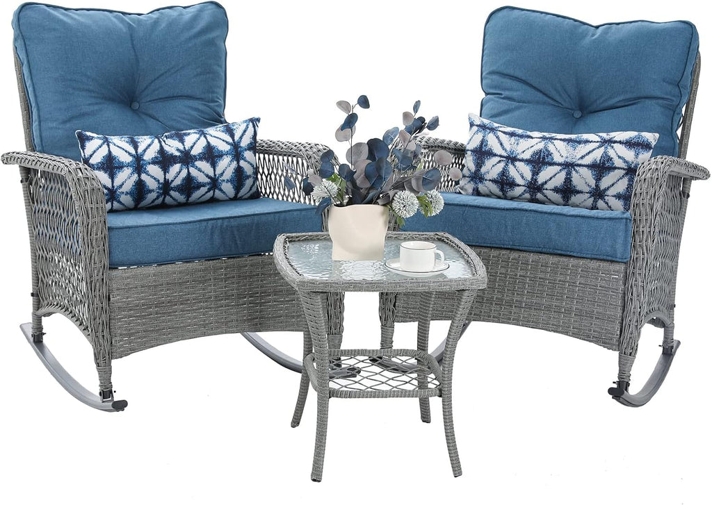 Patio Furniture Set 3 Pieces, Wicker Outdoor Rocking Bistro Set, Blue | VONZOY Outdoor Rocker Chairs with 4" Thick Cushions and Coffee Table for Porch, Backyard or Garden