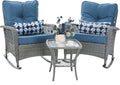 Patio Furniture Set 3 Pieces, Wicker Outdoor Rocking Bistro Set, Blue | VONZOY Outdoor Rocker Chairs with 4" Thick Cushions and Coffee Table for Porch, Backyard or Garden