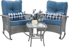 Patio Furniture Set 3 Pieces, Wicker Outdoor Rocking Bistro Set, Blue | VONZOY Outdoor Rocker Chairs with 4" Thick Cushions and Coffee Table for Porch, Backyard or Garden