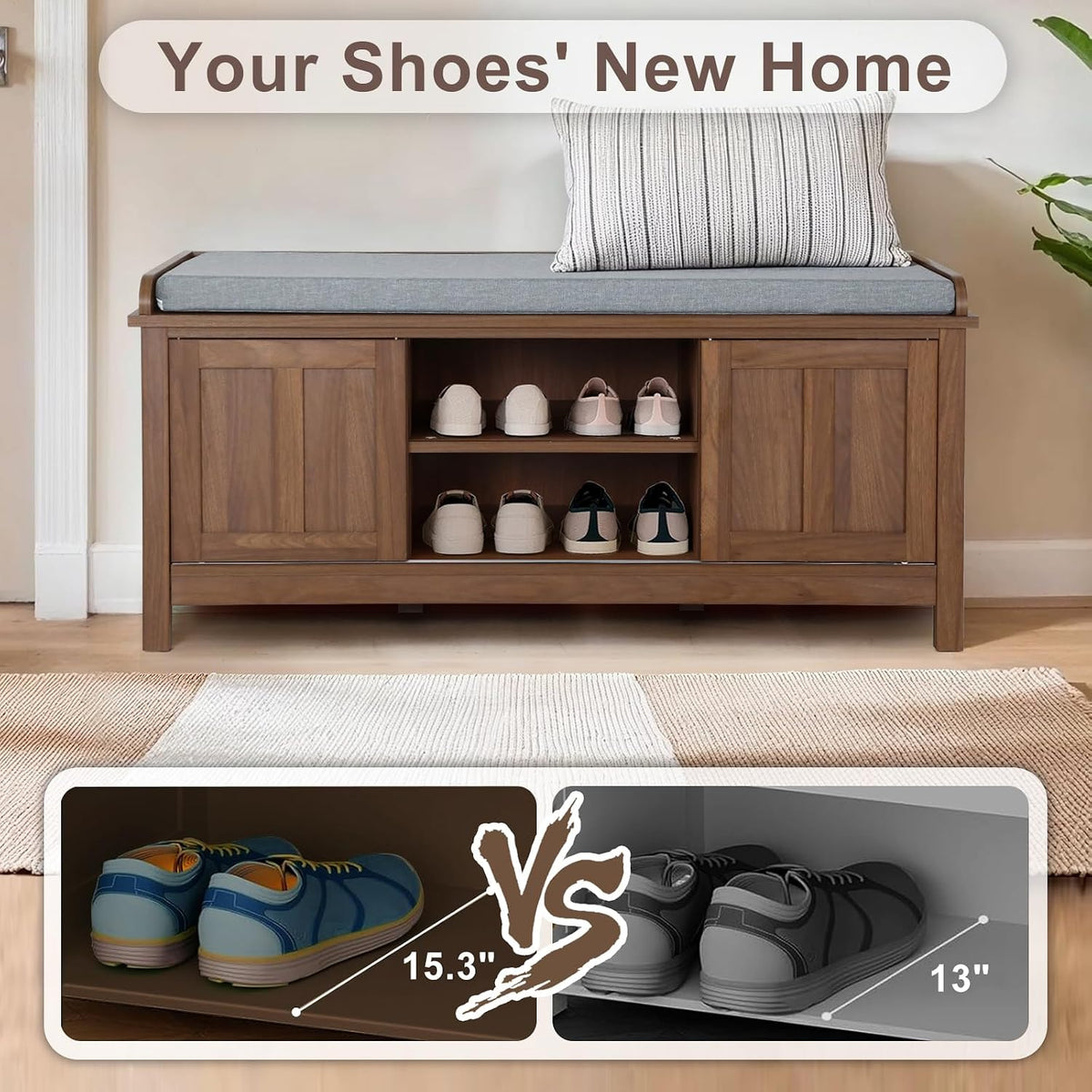 2-Tier Shoe Storage Bench,43" Wooden Shoe Cabinet with Sliding Doors,Walnut Shoe Bench with Adjustable Shelves,Storage Bench for Entryway,Hallway,Bedroom