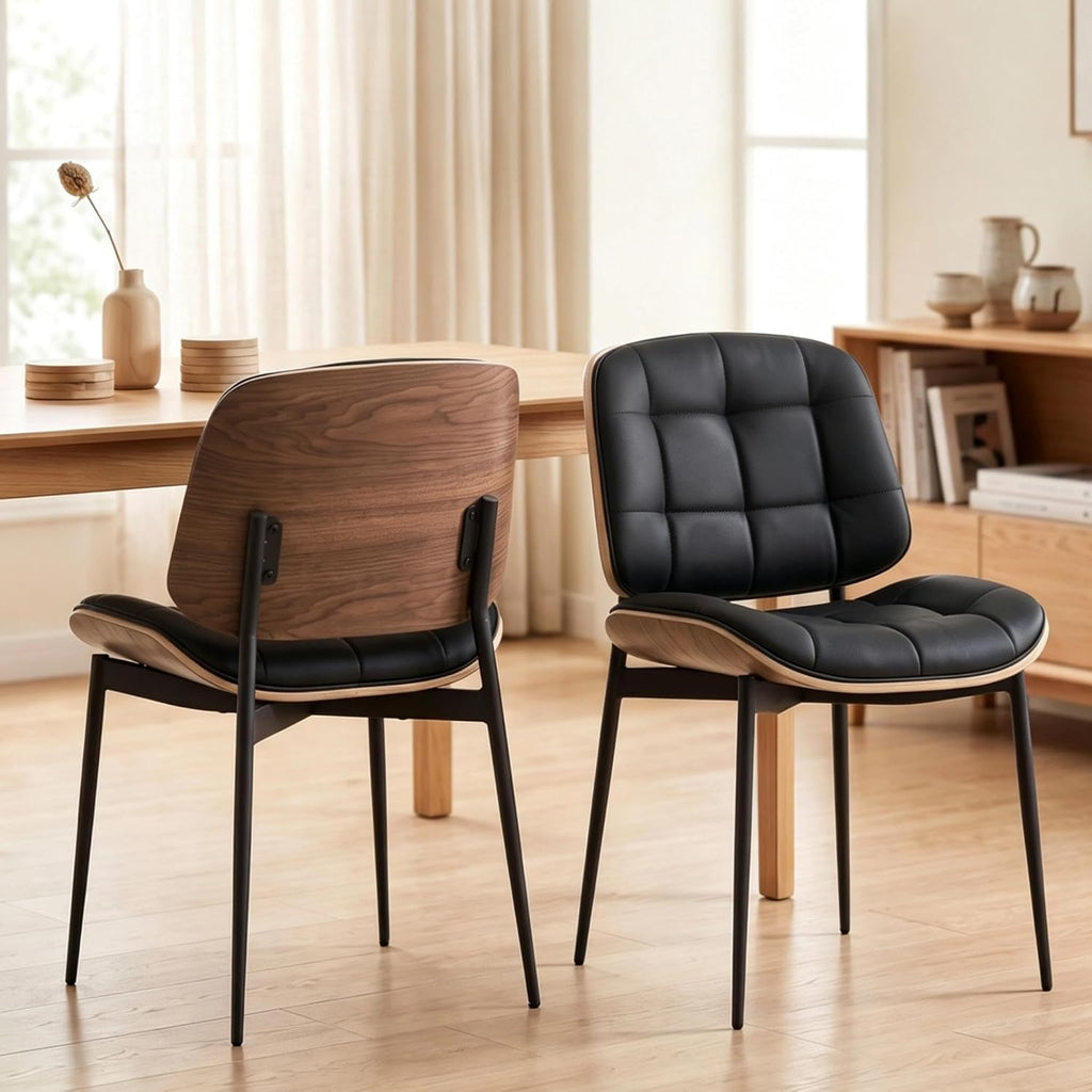 GrandNoor Mid Century Modern Dining Chairs with Walnut Grain Back, Black Faux Leather Dining Room Chairs Set of 2, Checkered Soft Cushion Kitchen Chairs with Adjustable Foot Pads