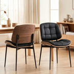 GrandNoor Mid Century Modern Dining Chairs with Walnut Grain Back, Black Faux Leather Dining Room Chairs Set of 2, Checkered Soft Cushion Kitchen Chairs with Adjustable Foot Pads