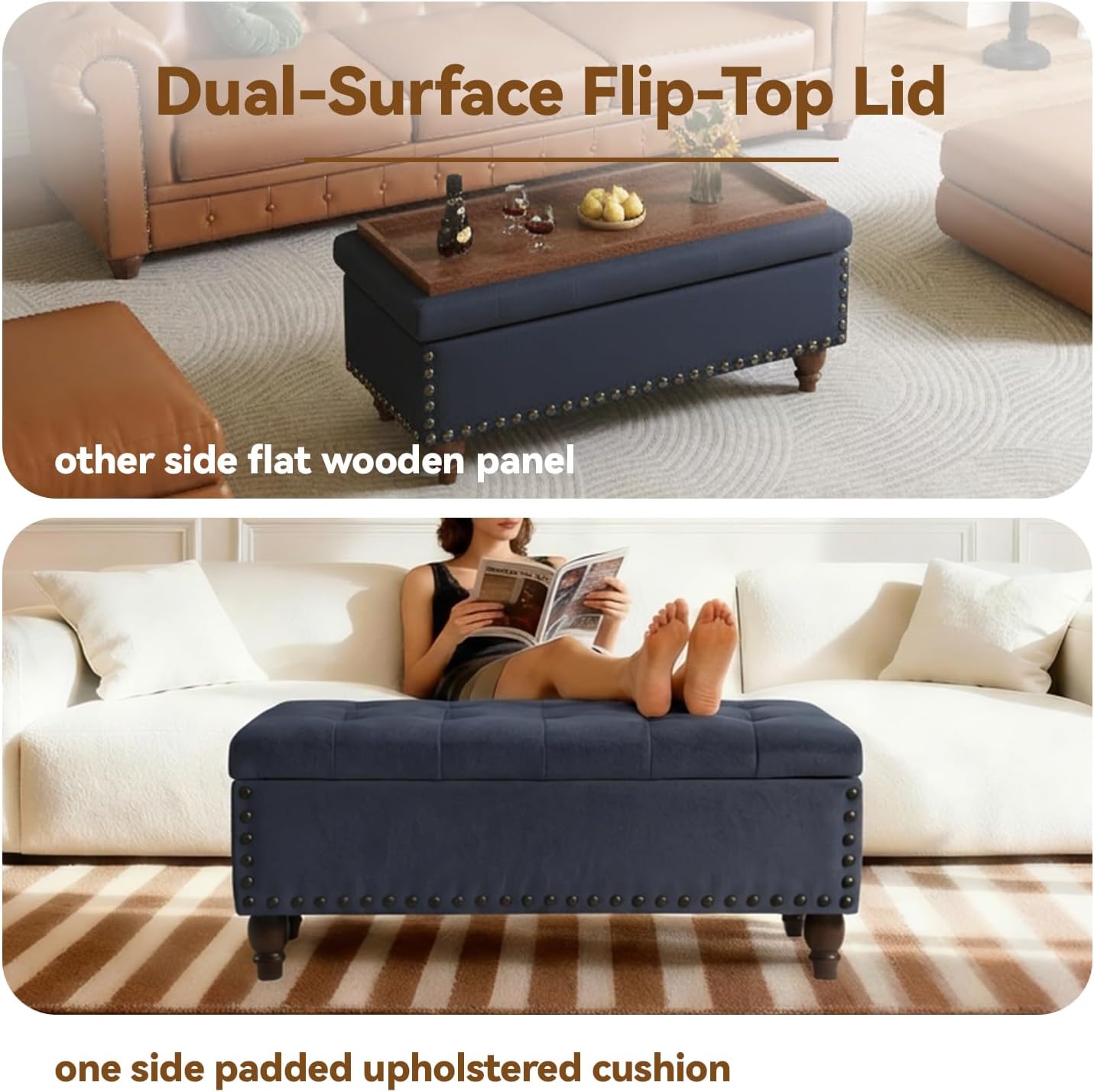 42'' End of Bed Storage Bench with Dual-Surface Lid, Upholstered Ottoman with Hidden Storage, Chenille Bench Seating with Wood Panel Seat for Entryway,Living Room,Bedroom-Blue