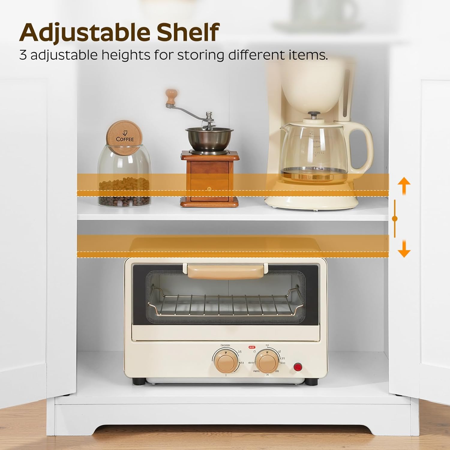 YATINEY Coffee Bar Cabinet, Kitchen Island with Storage, Farmhouse Sideboard Buffet Cabinet with Dual-Purpose Floating Shelf and Hooks, for Kitchen Living Room, White and Natural KF22WN