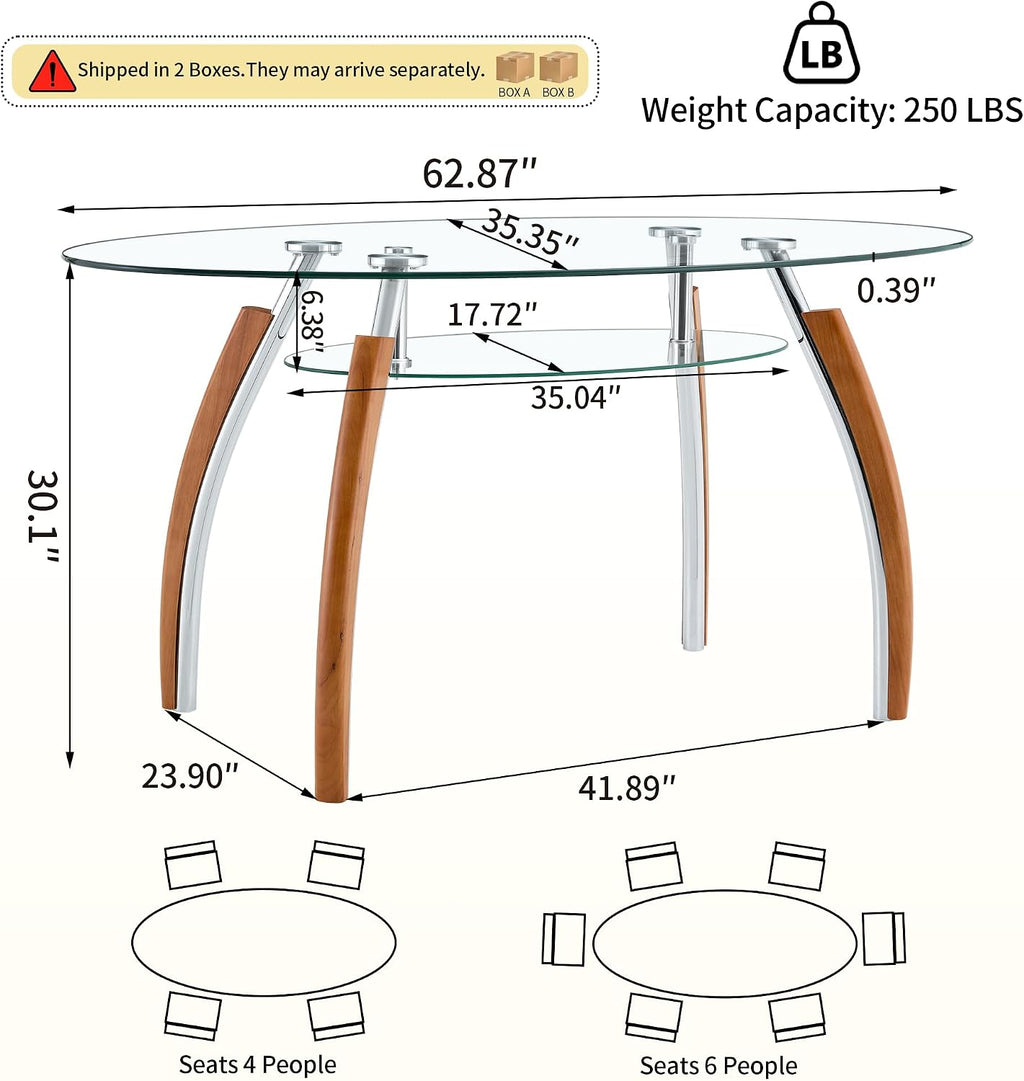 62.87" Glass Dining Table for 4-6, Modern Oval Dining Room Table with 0.39" Tempered Glass Top and Storage Shelf, Kitchen Dinner Table with Silver Electroplated Metal & Solid Rubber Wood Legs