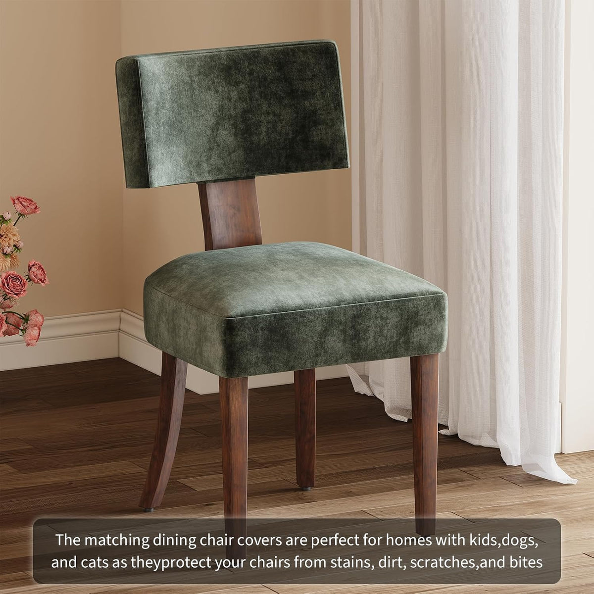 Garvee Dining Chairs Set of 2, Mid Century Modern Upholstered Chairs with Rattan Brown Wood Back, Armless Kitchen Chairs with Wood Legs for Dining Room Living Room, Green