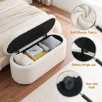Teddy Sherpa Storage Ottoman Bench End of Bed, White | Modern Boucle, Oval Design, Safety Hinge Lid, Hidden Storage, Window Seat, Living Room, Bedroom, Entryway, No Assembly