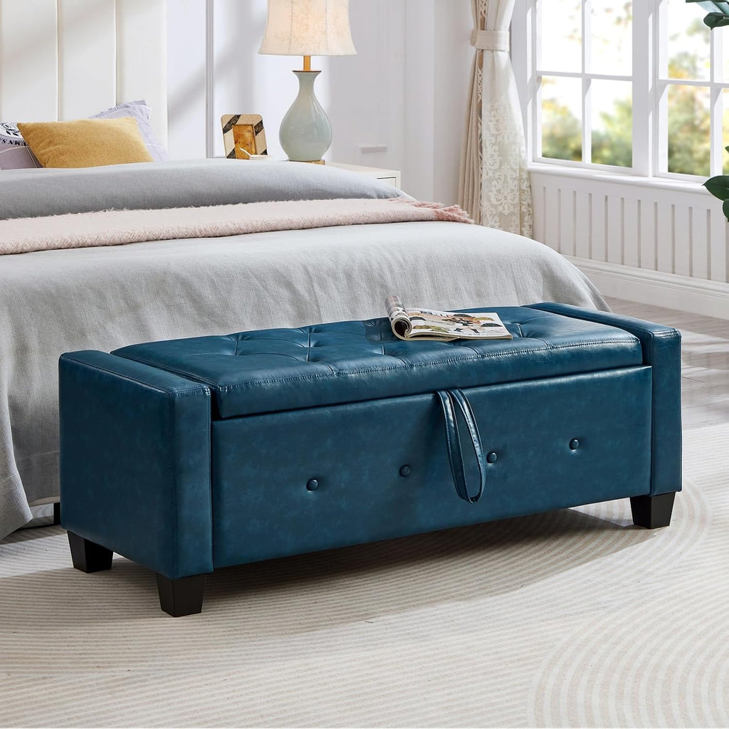 Storage, Bench for Bedroom,Living Room,Hallway, Upholstered Tufted Faux Leather Ottoman Blue