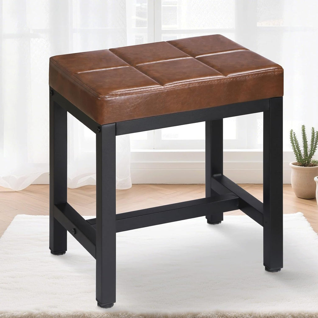 Vanity Stool, Vanity Chair for Makeup Room, Square Faux Leather Small Ottoman Foot Stool with Metal Legs, Modern Makeup Chair for Bedroom, Living Room, Brown
