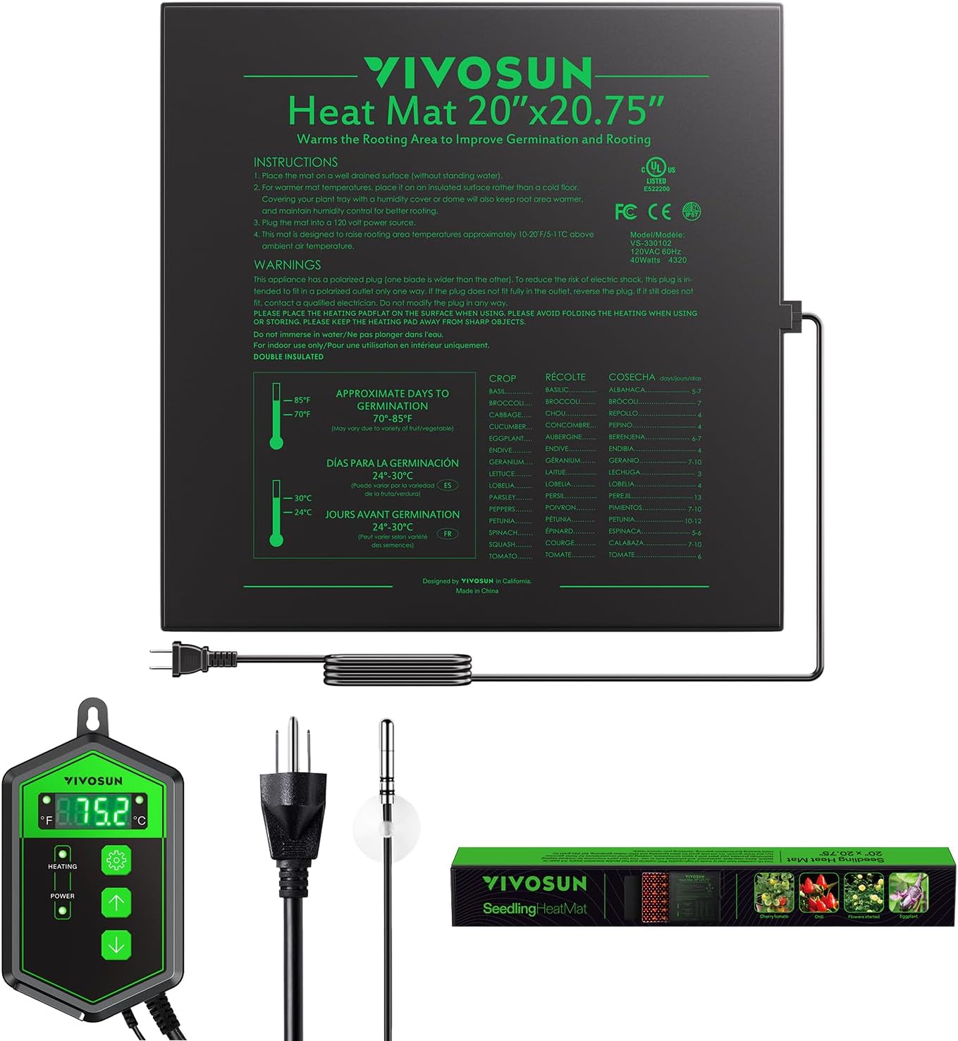 VIVOSUN 20" x 20.75" Seedling Heat Mat and Digital Thermostat Combo Set, UL & MET-Certified Warm Hydroponic Heating Pad for Germination, Indoor Gardening, Greenhouse