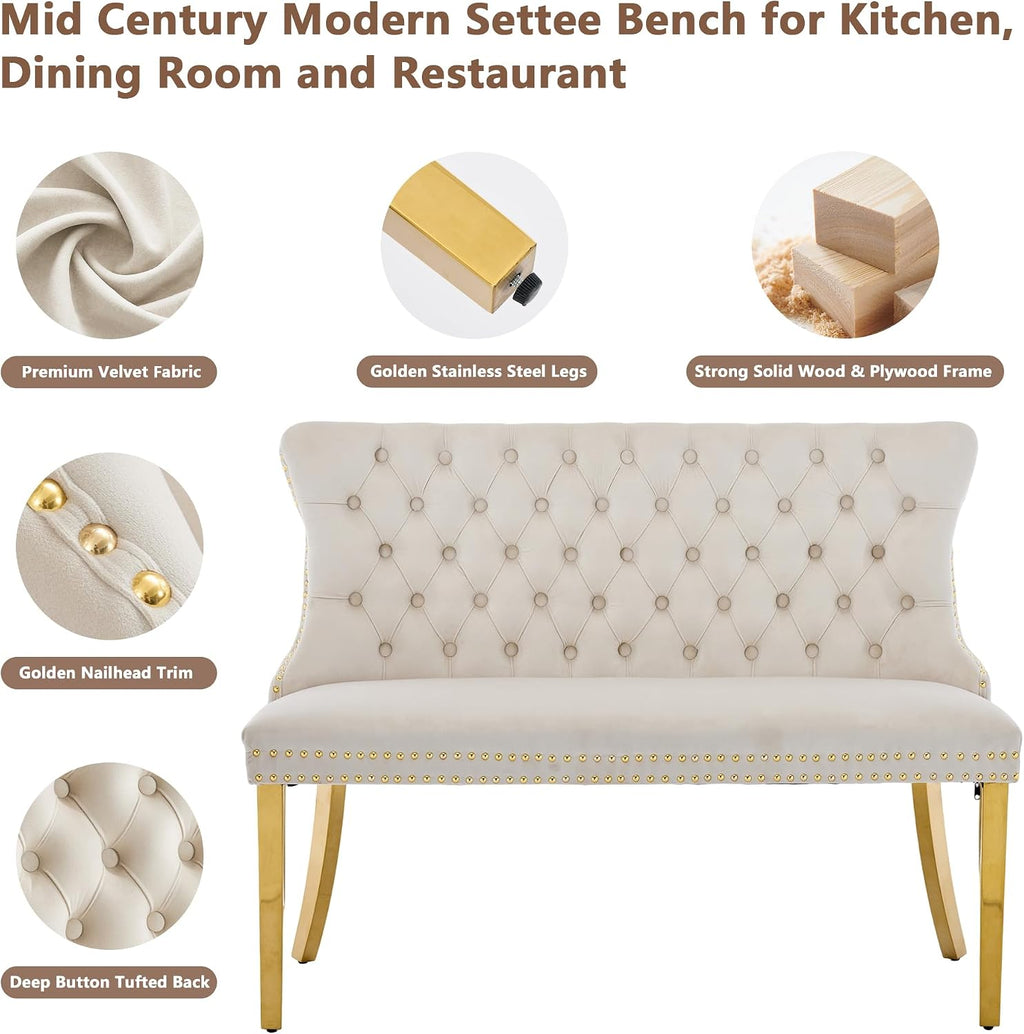 mikibama Luxury Settee Dining Bench with Back,Velvet Upholstered Banquette Benches with Nailhead Trim,Button Tufted Small Loveseat Sofa Couch Booth Seating for Small Spaces(Beige Gold)