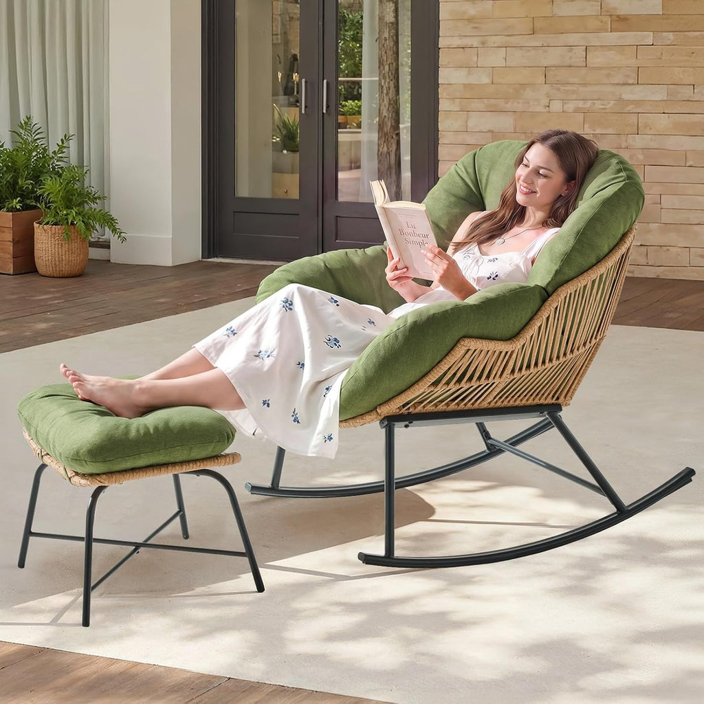 Papasan Rocking Chair with Ottoman, Oversized Papasan Chair, Olive Green | Indoor & Outdoor Rocker Chair with Padded Cushion for Living Room, Patio, Garden