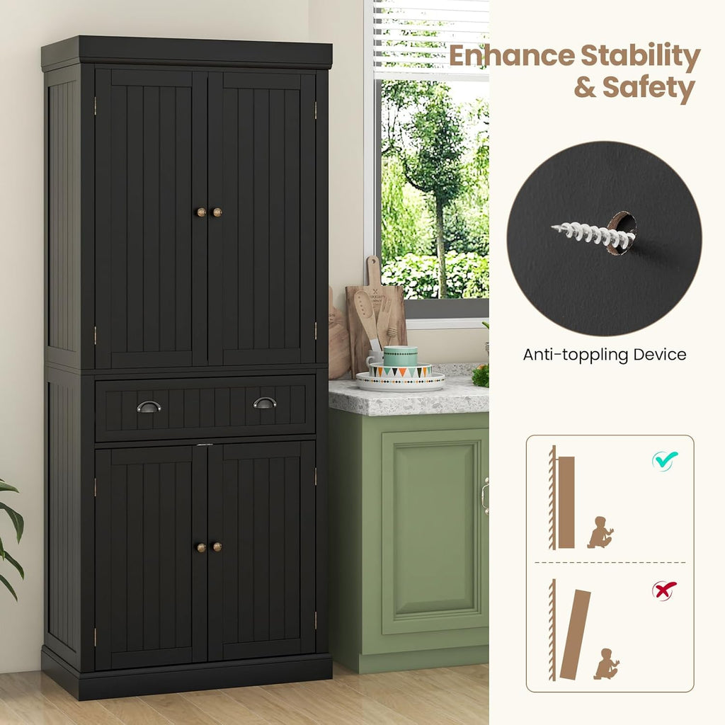 DORTALA 72” Tall Kitchen Pantry Cabinet, Wood Storage Cupboard w/ 4 Adjustable Shelves, 2 Cabinets & Drawer, Utility Freestanding Storage Cabinet for Kitchen, Hallway, Living Room, Black