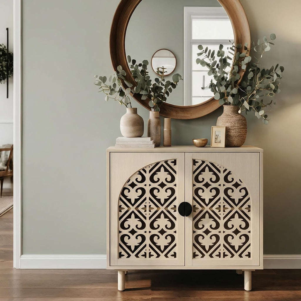 Decorative Storage Cabinet Sideboard with Hollow Carved Panels, 2 Doors, Natural Wood, 29.8 x 31.6 x 15.8 Inches. [Beige, 1pc]