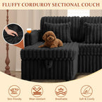 107'' Sectional Sleeper Sofa with Pull Out Bed, Storage Chaise, Adjustable Backrest, USB Charger, Cup Holder & Side Pocket, Fluffy Soft Corduroy U Shaped Couch for Living Room, Black