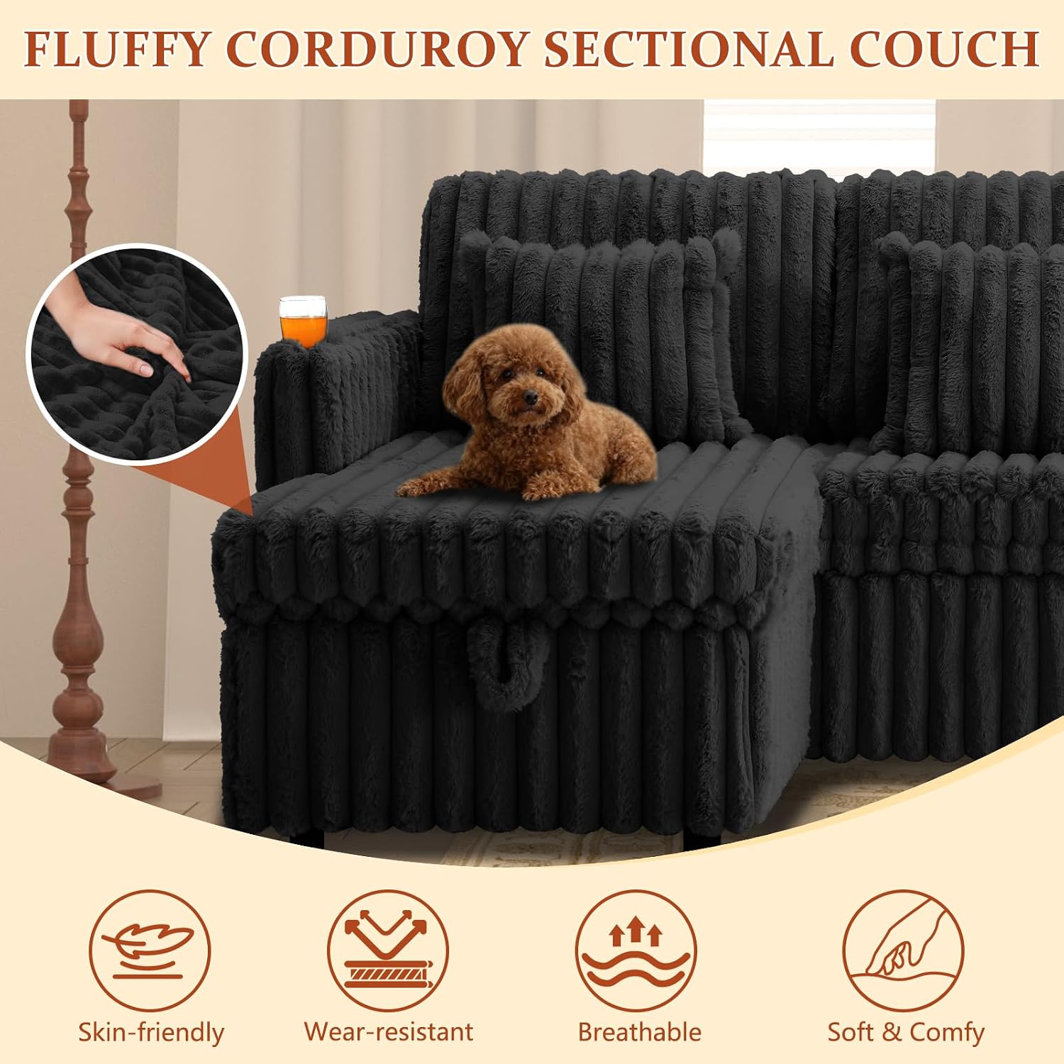 107'' Sectional Sleeper Sofa with Pull Out Bed, Storage Chaise, Adjustable Backrest, USB Charger, Cup Holder & Side Pocket, Fluffy Soft Corduroy U Shaped Couch for Living Room, Black