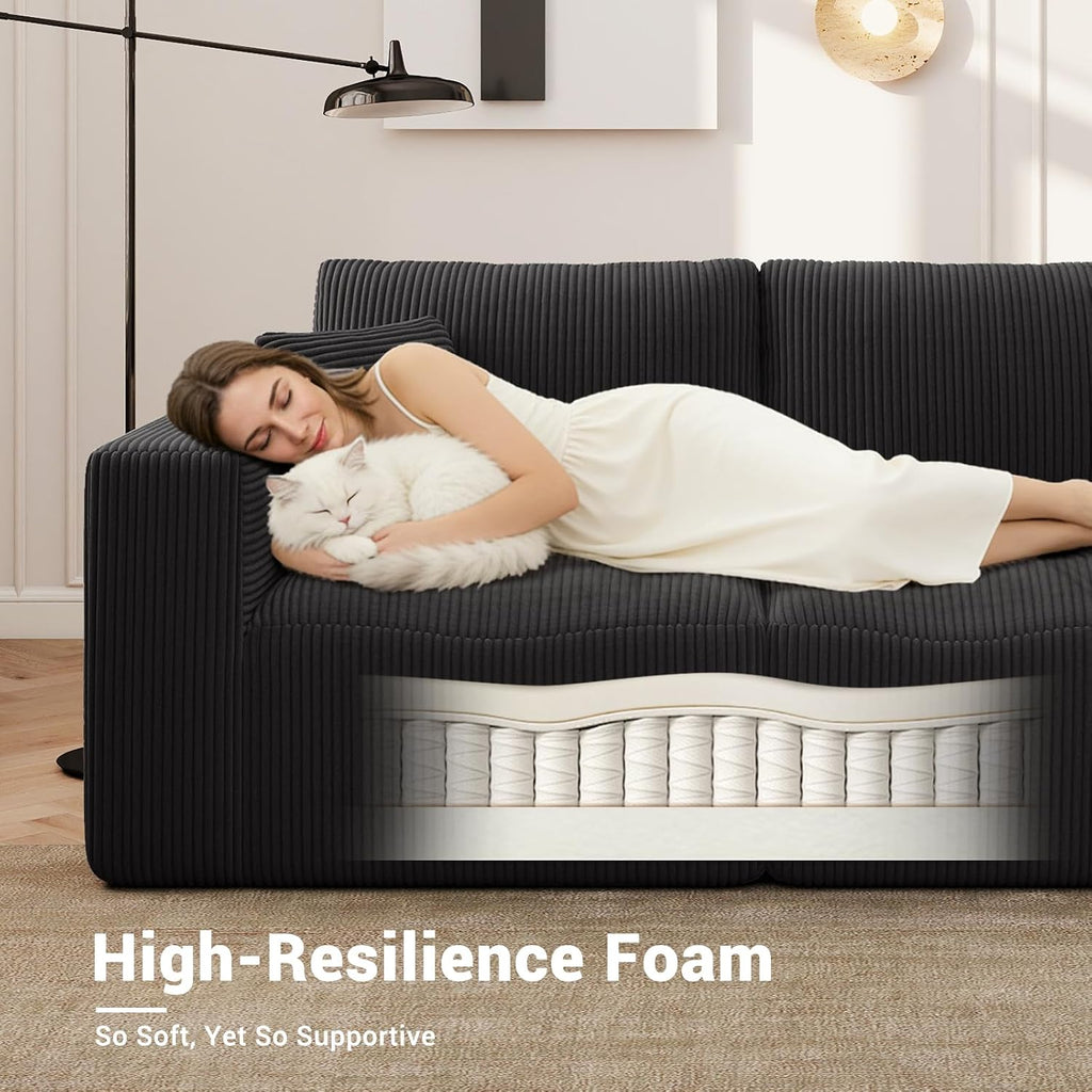 Modular Sleeper Sofa Couch Modern Sectional Couches for Living Room - 79" L-Shaped Cloud Couch - Easy Assembly Corduroy Convertible Sponge Compression Sofas with Chaise for Home House(Black)