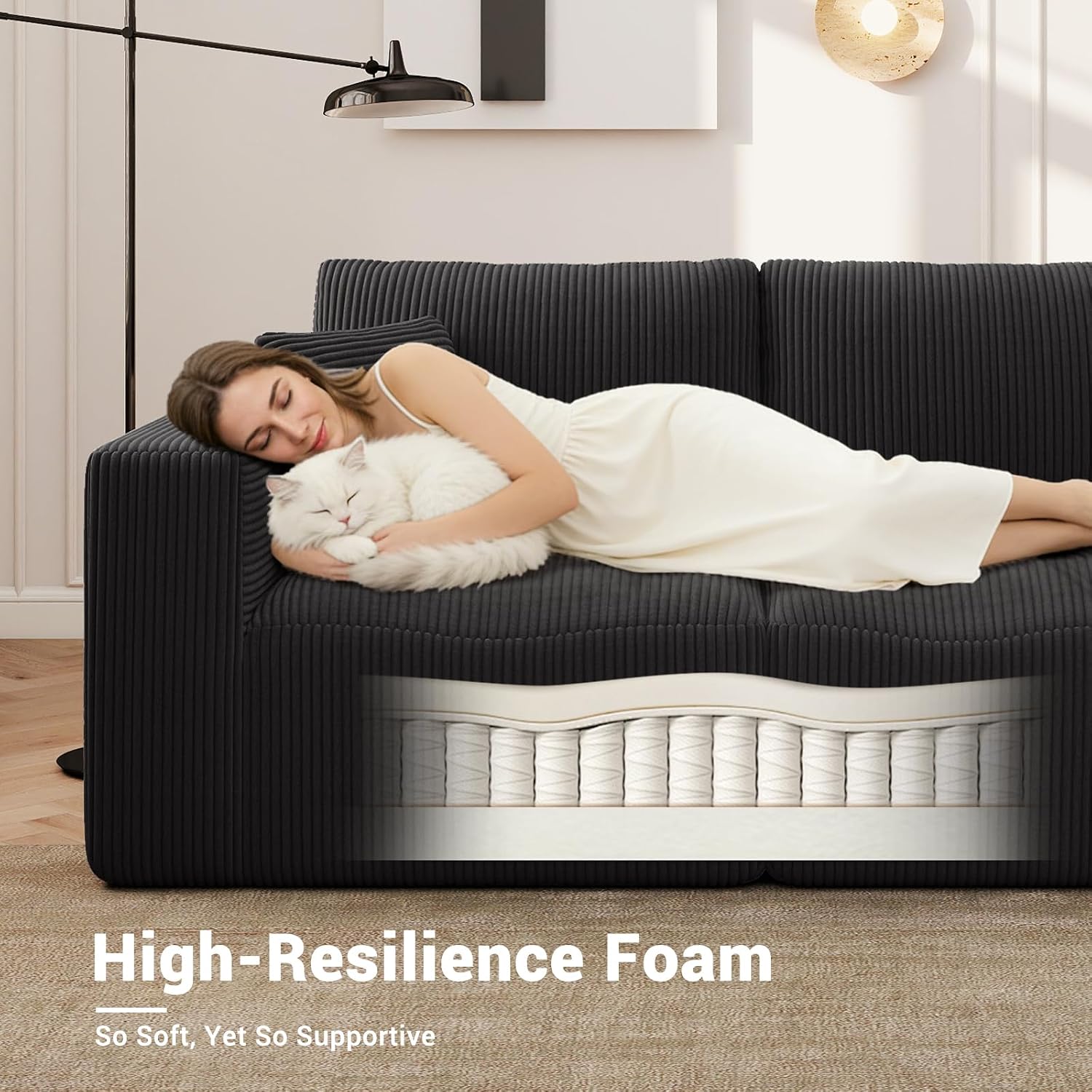 Modular Sleeper Sofa Couch Modern Sectional Couches for Living Room - 79" L-Shaped Cloud Couch - Easy Assembly Corduroy Convertible Sponge Compression Sofas with Chaise for Home House(Black)