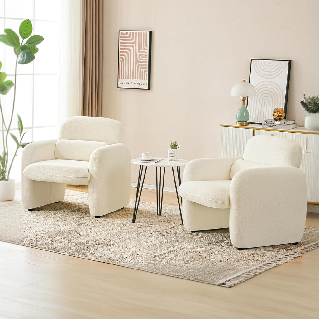 Furniliving 30.5" Chenille Accent Chair, Modern Upholstered Armchair with Solid Wood Legs, Comfy Reading Chair for Living Room Bedroom, Wide Single Sofa Chair（White，Set of 1）