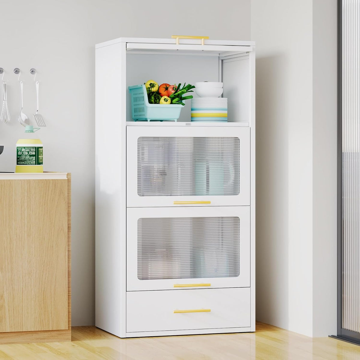 3-Tier Metal Kitchen Storage Cabinet with Drawer, Freestanding Microwaves Rack, Flip-up Acrylic Doors for Living Room & Dining Room, White