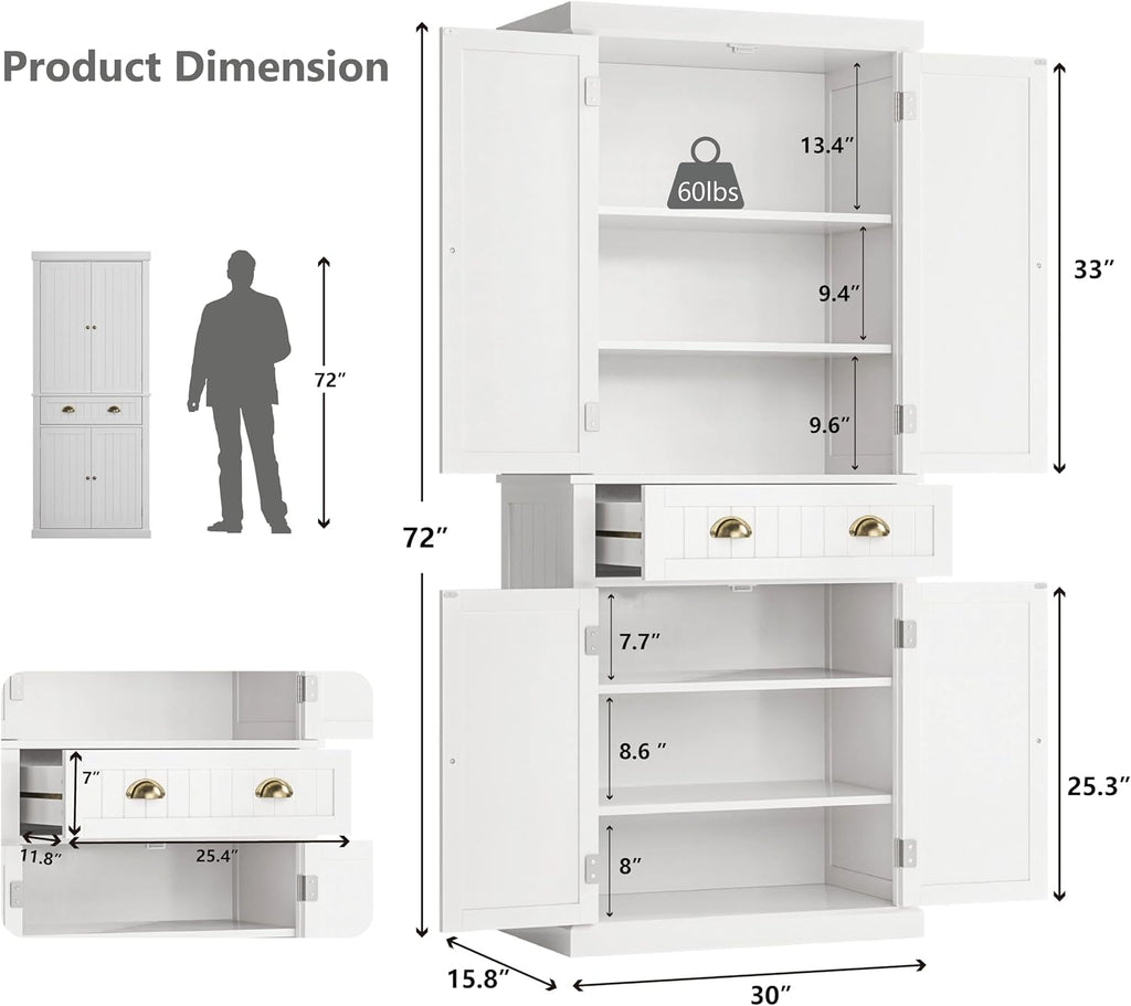 72" Kitchen Pantry,Tall Storage Cabinets with Doors and Shelves,Freestanding Pantry Cabinet for Bathroom,Dining Room and Living Room (Standard White)