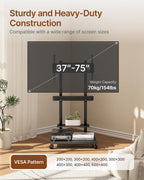Rolling TV Stand with Soundbar Mount for 37-75inch TVs up to 154lbs | Swivel&Tilt Mobile TV Stand with Large Storage,Height Adjustable,Steel Base,Max VESA 600x400mm,Sturdiness,Easy Assembly,Black