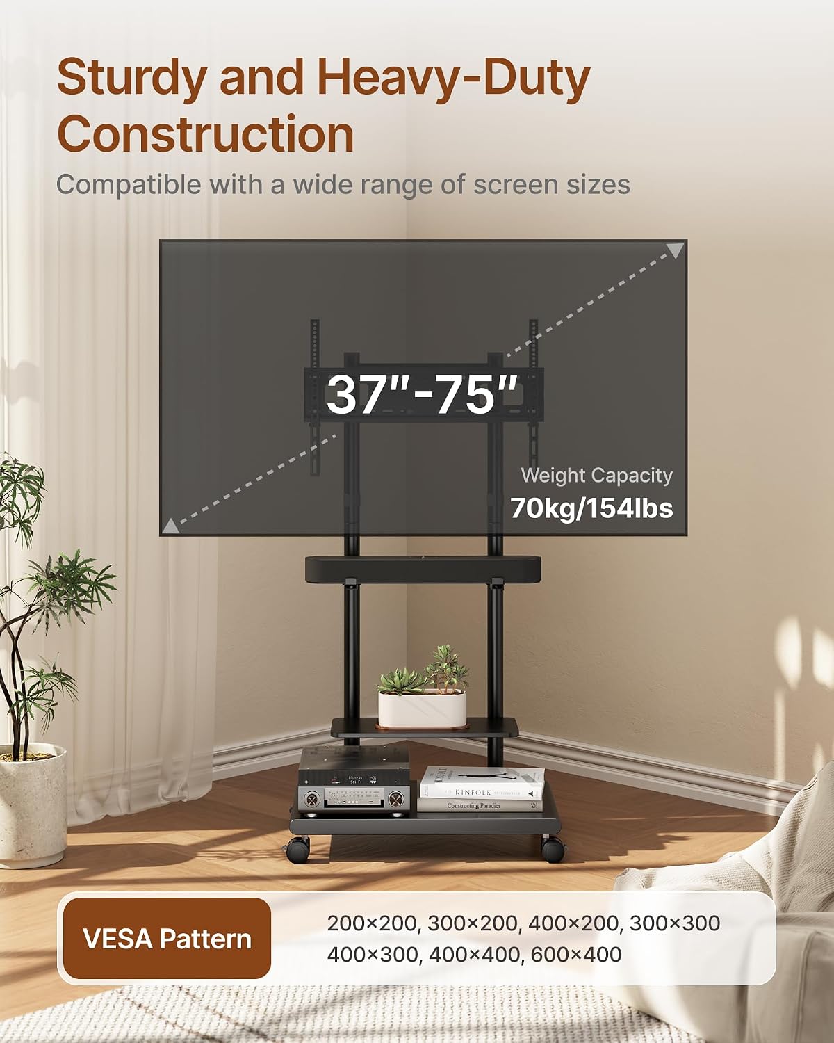 Rolling TV Stand with Soundbar Mount for 37-75inch TVs up to 154lbs | Swivel&Tilt Mobile TV Stand with Large Storage,Height Adjustable,Steel Base,Max VESA 600x400mm,Sturdiness,Easy Assembly,Black