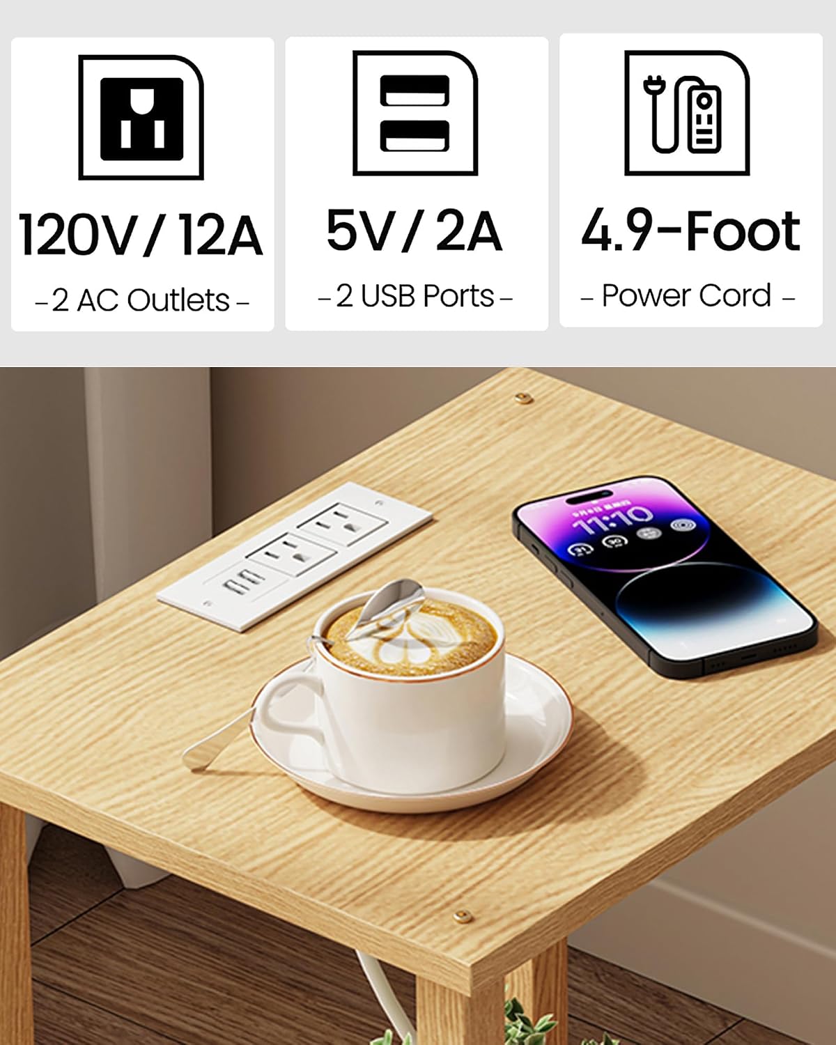 TUTOTAK End Table with Charging Station, Set of 2, Small Side Table with Outlets, Nightstand Bedside Table, 2-Tier Storage Shelf for Small Space, Living Room, Bedroom Natural TB01BN041