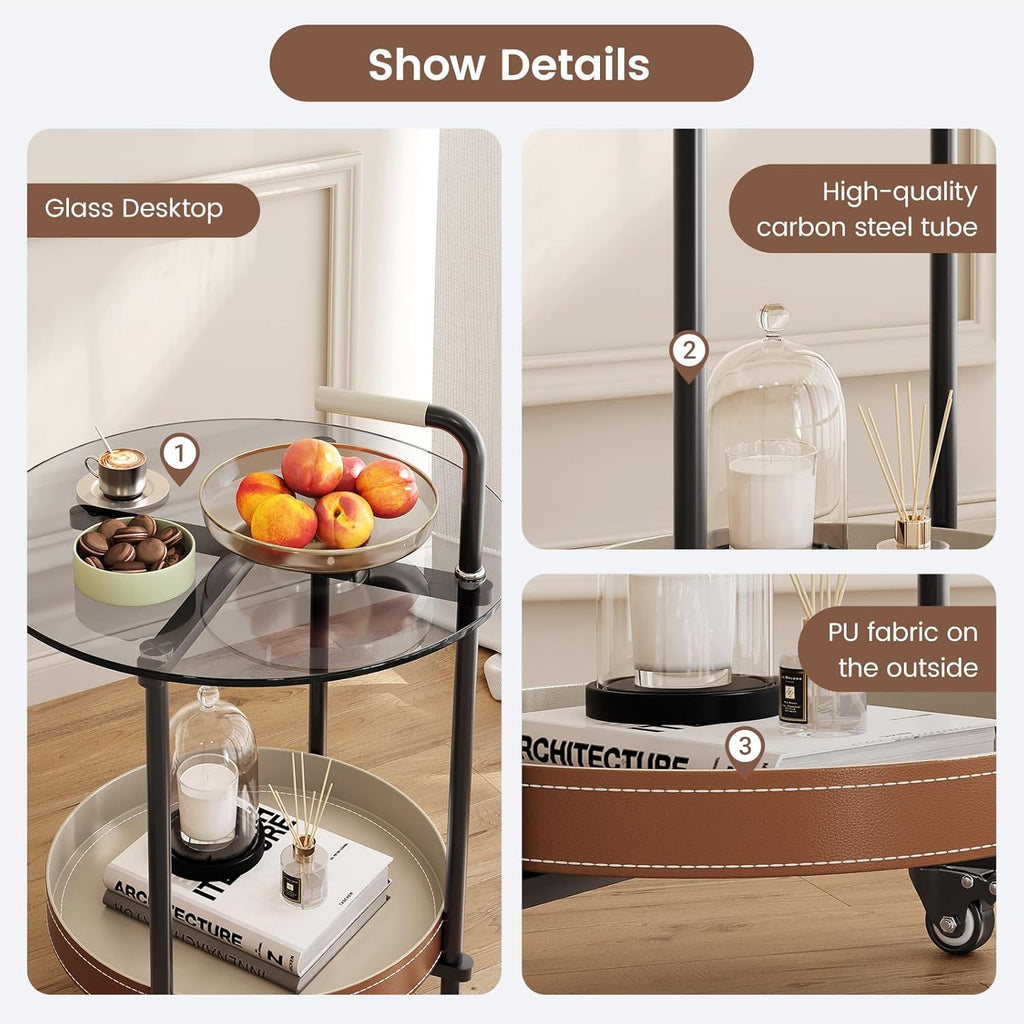 Sofa Side Table, 2-Tier Metal Frame Glass Top End Table on Wheels, Round Beside Tables with Storage Basket and Handle, Space Saving & Easy Assmable