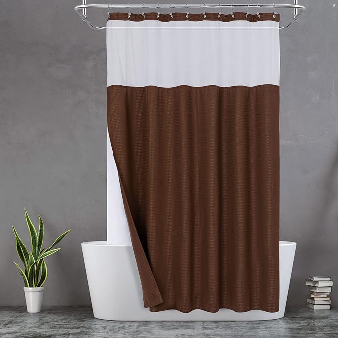 N&Y HOME Waffle Weave Shower Curtain with Snap-in Fabric Liner & 12 Metal Hooks Set - Hotel Style, Waterproof & Washable, Heavyweight Fabric & Mesh Top Window - 71x72, Chocolate Brown