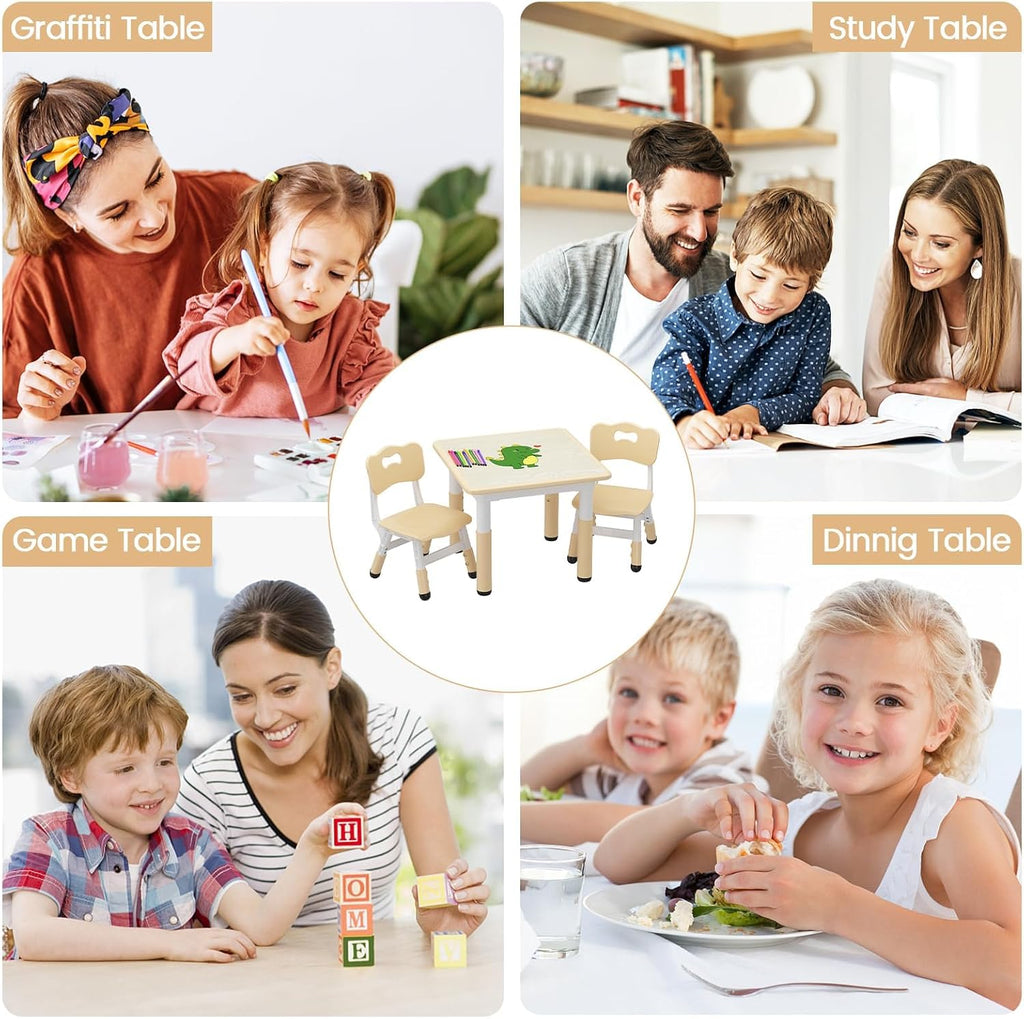 Kids Table and Chairs Set Height Adjustable Table and 2 Chairs for Toddlers | 60*60 cm Graffiti Table | Non-slip Caps | Ergonomic Chair | Rounded Corners | Suitable for Daycare, Classrooms, Home