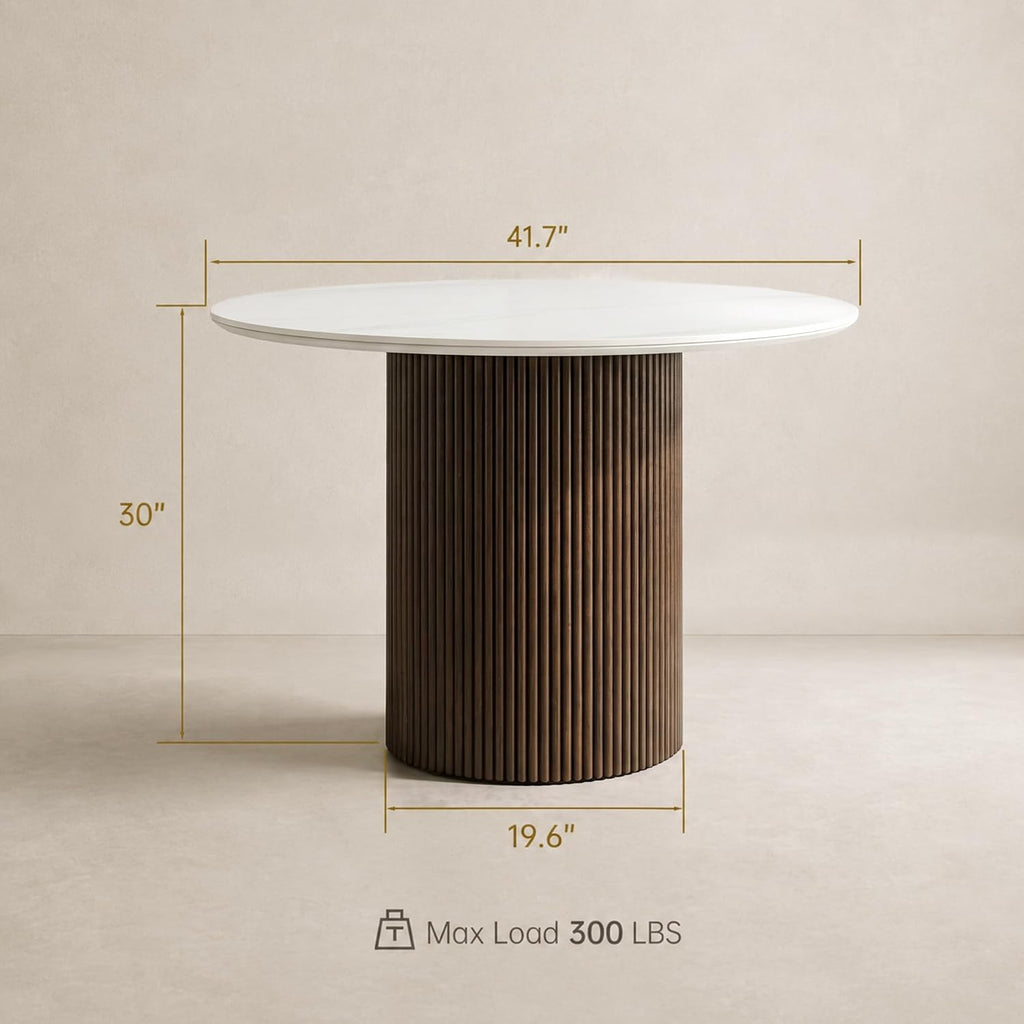 42 Inch Round Dining Table for 4, Modern White Marble Table with Fluted Solid Wood Base for Kitchen, Dining Room and Apartment