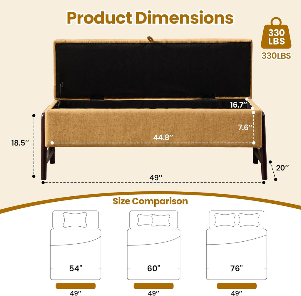48" Ottoman with Storage,Storage Ottoman Bench with Hinge, Upholstered Entryway Bench with Seating for Bedroom, Living Room,Yellow