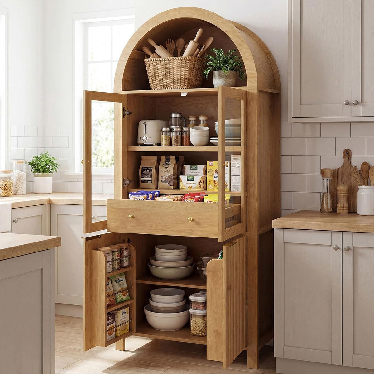 71" Fluted Tall Arched Pantry Cabinet with Glass Doors,Hutch Cabinet with Storage for Kitchen, Living Room, Dining Room, Wood Color