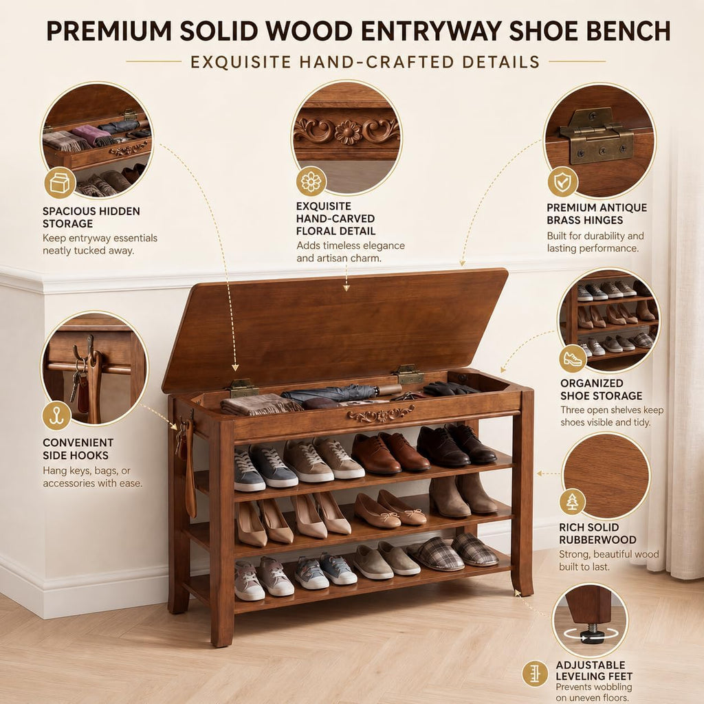 Shoe Rack Bench with Lift-Top Storage,3-Tier Shoe Storage Bench with Wooden Seat,550lbs Heavy Duty Entryway Bench for Hallway,Foyer,Front Door,Closet,Shoe Organizer Bench,39.4"