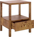SAFAVIEH Home Collection - Willshine Natural Brown Accent Table, 1 Drawer Side Table, Open Shelf Storage, Burl Wood Look, Fully Assembled (ACC6613A)