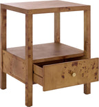 SAFAVIEH Home Collection - Willshine Natural Brown Accent Table, 1 Drawer Side Table, Open Shelf Storage, Burl Wood Look, Fully Assembled (ACC6613A)