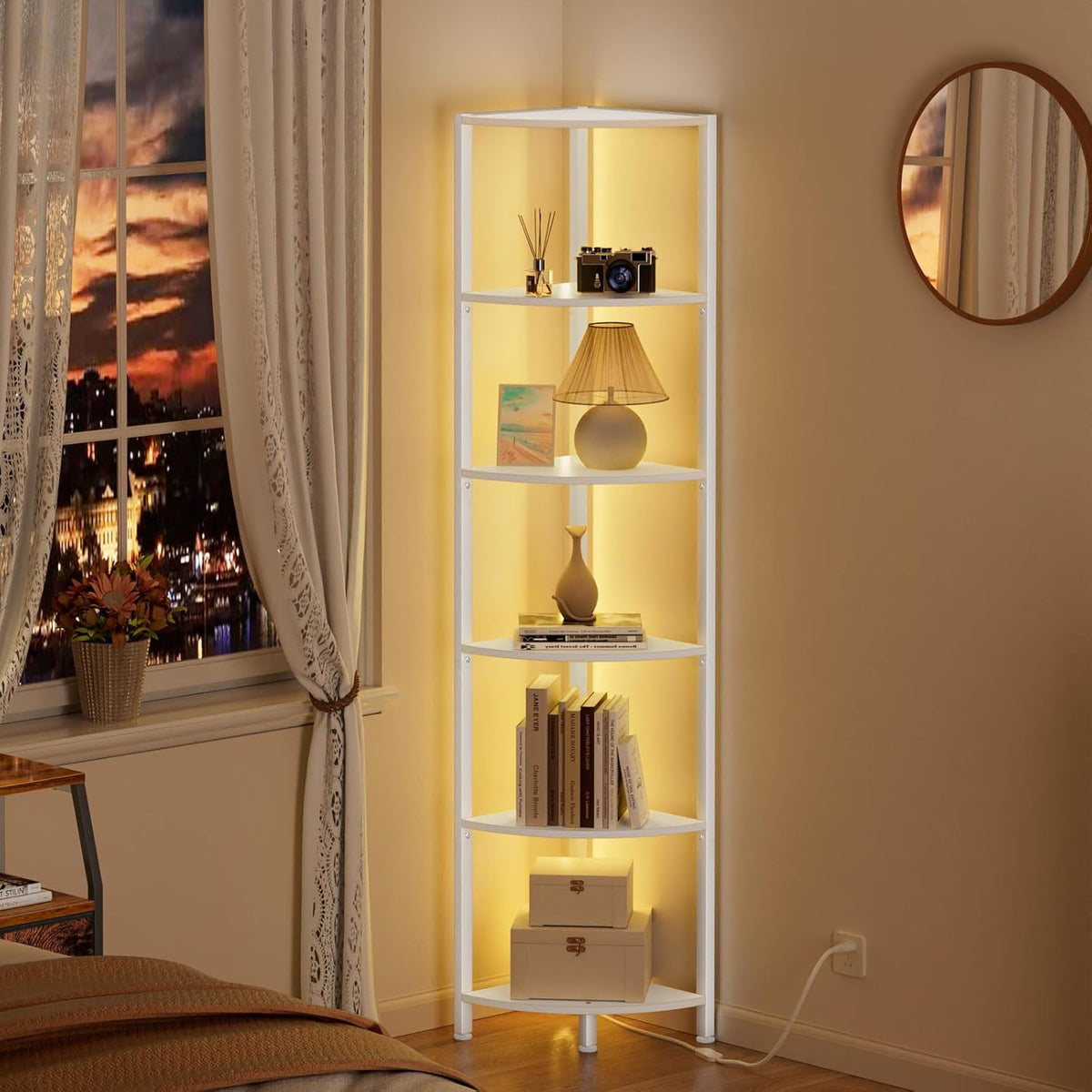 Furnulem 6 Tier Corner Shelf with LED Light, 67.5" White Narrow Bookshelf | Tall Standing Shelf Organizer, Storage Rack for Wall Corner, Living Room, Bedroom, Metal Frame, Wood Display Shelf